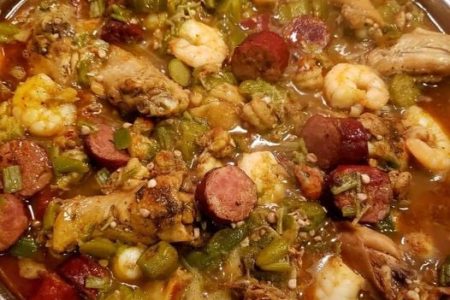 Okra Stew With Chicken, Sausage, Shrimp And Crawfish Tails, Onion And Green Peppers